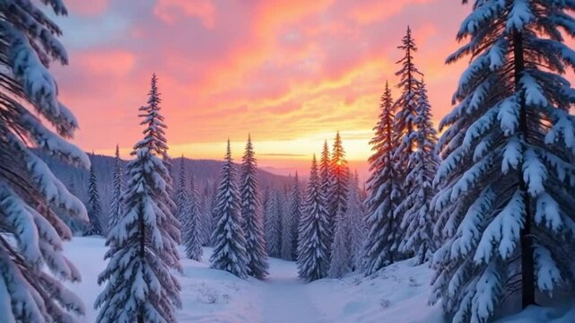 Sunset or sunrise in the winter pine forest covered with a snow