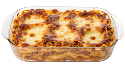 lasagna in glass tray isolated on white background