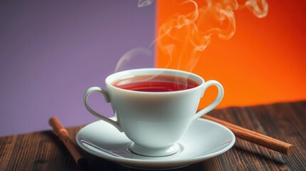 Steaming tea in a white cup, a serene moment, complemented by cinnamon sticks on a wooden table