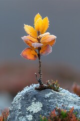 Frost-covered autumn plant on rock