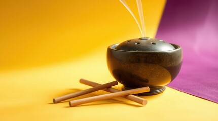 Aromatic relaxation: Incense burner emitting fragrant smoke, complemented by wooden sticks on a vibrant backdrop.