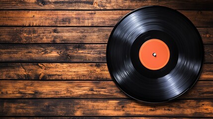 A vintage vinyl record rests on a rustic wooden background.