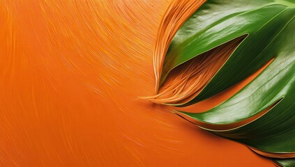 Green and Brown Tropical Leaves on Burnt Orange Textured Background