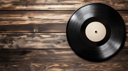 Obraz premium A vintage vinyl record rests on a rustic wooden background.