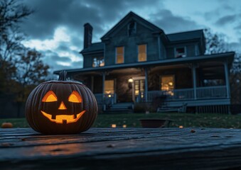 Jack o' Lantern on Weathered Table Before a Dark Victorian House at Twilight