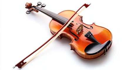 Fototapeta premium A lone violin with its bow rests on a dark surface.