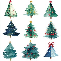 Nine Watercolor Christmas Trees with Festive Ornaments and Styles