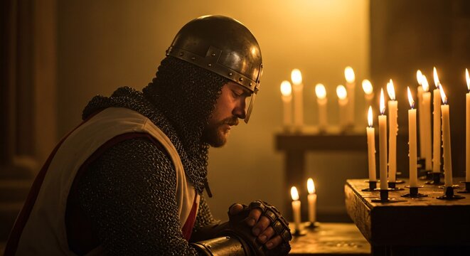 Knight Templar in prayer with helmet and chainmail armor before many candles