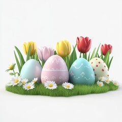 Pastel Easter Eggs and Tulips in Grassy Patch
