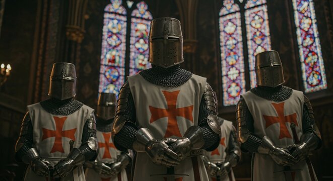 Knights Templar stand guard in a grand church, their armor gleaming in the dim light