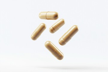 Tan capsules suspended in mid-air against a white background, emphasizing importance of pharmaceutical products and innovative health treatments