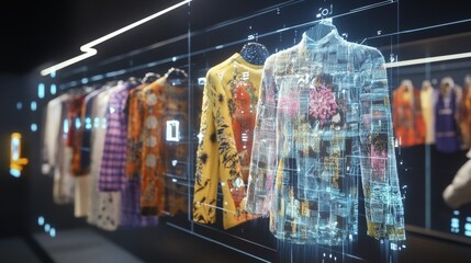 Futuristic display of apparel with digital overlays.