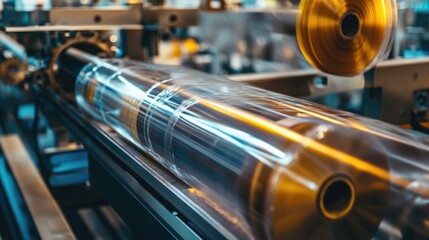 Naklejka premium Large Roll of Transparent Plastic Film on Industrial Machine
