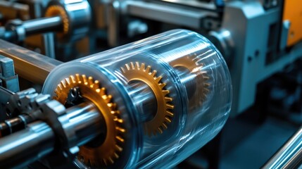 Fototapeta premium Close-up of industrial gears and transparent roll, detailed machinery in motion