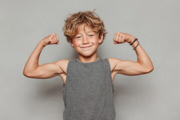 Boy flexing muscles and smiling proudly, strong kid, white background
