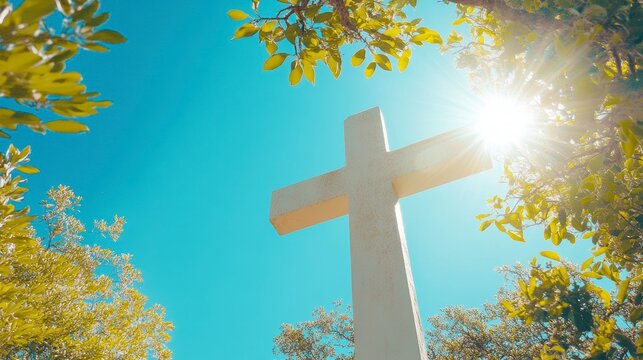 Low angle view of a white cross against a bright blue sky, sunlight shining through leaves. - Powered by Adobe