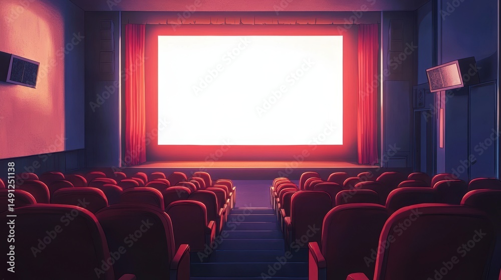 Poster empty movie theater with a blank screen and red seats.