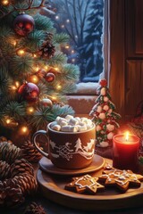 Warm Winter Cocoa and Christmas Decorations by a Snowy Window