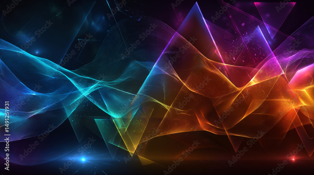 Poster abstract 3d background wallpaper with row of glass holographic transparent triangle plate shapes ren