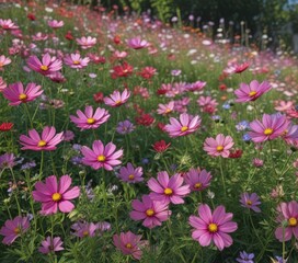 Obraz premium Vibrant cosmos flowers blooming in a lush garden , cosmos flower, colorful