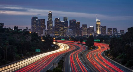 Obraz premium Los Angeles skyline at twilight with light trails on the highway below