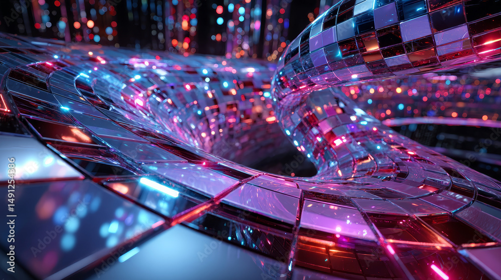 Poster abstract 3d background with glass spiral swirl effect of rows square plates. holographic gradient li