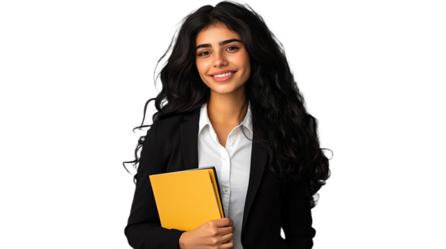 Confident Young Businesswoman Holding Folder Wearing Black Suit Professional Portrait