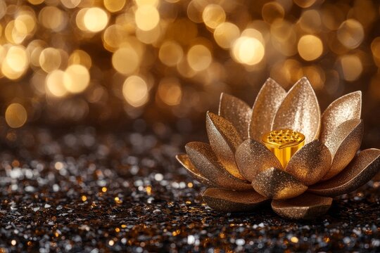 A gold trophy sitting on a glittering surface and surrounded by radiant light embodies achievement, success, victory, recognition, and excellence