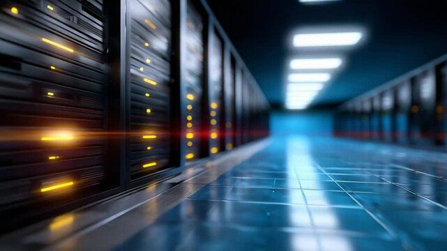 Modern data center with rows of servers and advanced cooling systems.