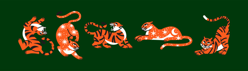 Abstract cartoon tigers in doodle retro style 90s.Hippie groovy animals hand drawn