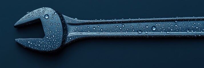 The image depicts a close-up of an adjustable wrench, wet from the rain, with water droplets clinging to it, suitable for concepts related to repair, maintenance, or plumbing