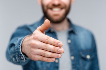 Male professional shaking hands, welcoming gesture, white background