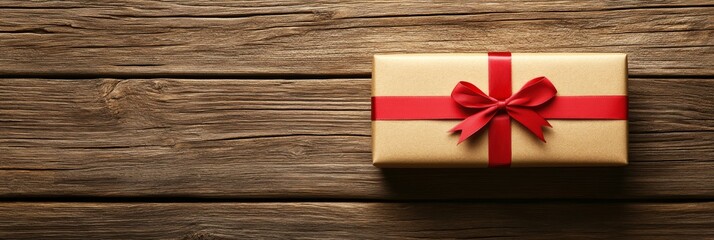 Fototapeta premium The top view of a wooden gift box features a crimson satin ribbon and bow, representing celebration, love, appreciation, surprise, and the act of gifting