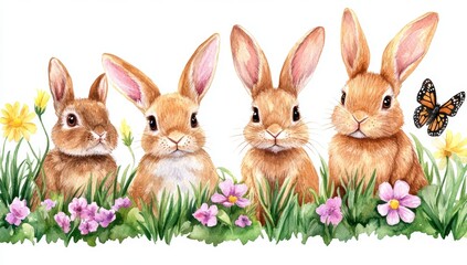 Fototapeta premium In a lively meadow, three charming bunnies are found sitting among an assortment of vibrant wildflowers, butterflies, and mushrooms on a beautiful spring day