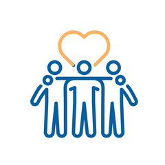 Emotional support friends icon. Vector thin line illustration with editable stroke showing friendship, empathy, connection and group care. Three people hugging with heart