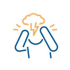 Headache and mental tension icon. Vector thin line illustration with editable stroke showing a person with hands in head, stress, pressure and cognitive overload. Trauma, ptsd or strong migraine.