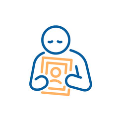 Grief and loss icon. Vector thin line illustration with editable stroke showing mourning, emotional pain and remembrance. Sad person character holding loved one photography
