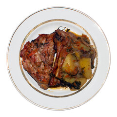 Baked pork ribs with potatoes.Pork ribs with spices.Pork ribs background.Pork rib kebab.