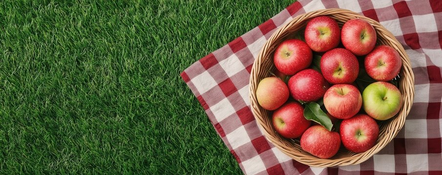 National apple day with red fruit idea. Basket of fresh apples on a checkered cloth. - Powered by Adobe