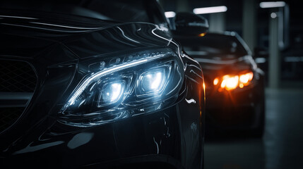 Vector realistic car front lights on dark background.