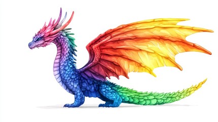 Obraz premium A majestic pose and detailed scales define this vibrant rainbow dragon illustration of a fantasy creature and mythical beast