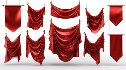 Red pennant flags mockup, medieval hanging textile pennons different shapes, 3d render. Realistic set blank vertical banners of flowing silk fabrics isolated on white background