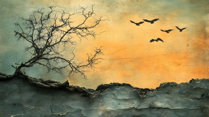 Bare Tree Silhouette Birds Sunset Grunge Wall Art