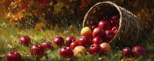 National apple day with red fruit idea. Spilled apples from a basket on lush grass.