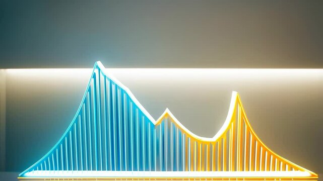 Abstract glowing structure of a bridge with parallel lines depicting rising and falling levels, illuminated by soft, warm light in studio setting