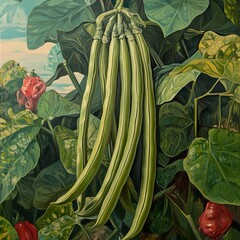 Green Beans and Flowers Still Life