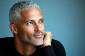 A graceful man with a warm and welcoming smile. A middle-aged man looking happy and relaxed. A strong and confident man with an engaging smile. A man with a soft expression in a peaceful setti.