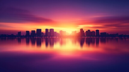 A vibrant sunset provides the backdrop for a stunning city skyline silhouette, perfectly reflected in the calm water, making it suitable for travel, urban, or nature-themed content