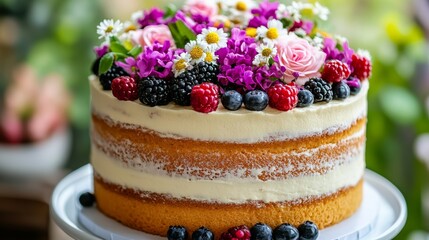 This stunning dessert, known as the Elegant Layered Berry Cake with Floral Garnish, boasts a beautiful arrangement of fresh berries and delicate floral accents, signifying the perfect blend of