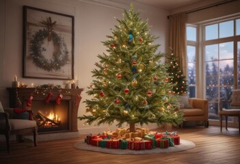 Twinkling lights adorn a vibrant Christmas tree, cozy setting ,  holiday cheer,  room